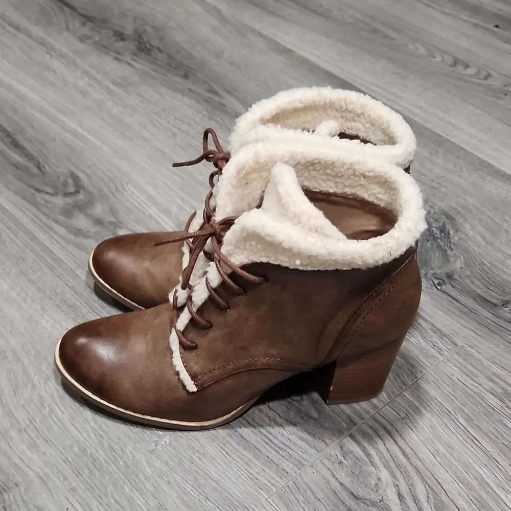 Restricted Brown Leather Sherpa Heeled Booties